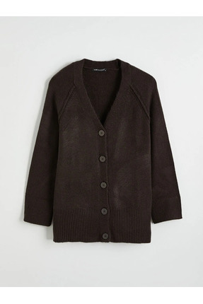 Kahverengi V Yaka Kadın Triko Hırka Image 4