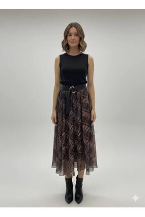 EKOSE DESENLİ İÇİ ASTARLI BELİ LASTİKLİ ŞİFON ETEK Image 1