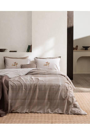 Sabastien King Size %100 Pamuk Lastikli Ranforce Baskılı Nevresim Takımı - Bej Image 0