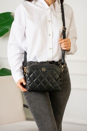 Kadın Ayarlanabilir Çapraz Askılı 4 Bölmeli Siyah Mat Omuz ve Çapraz Çanta Image 2