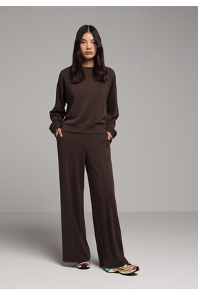 Regular Fit Yuvarlak Yaka Düz Kadın Kahverengi Sweatshirt Image 2