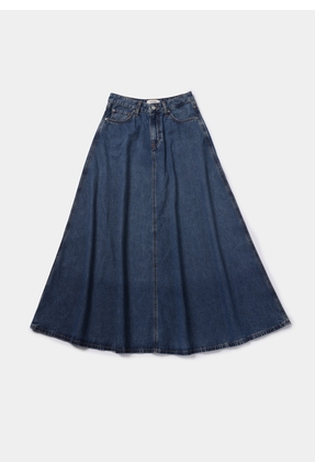 Regular Fit Düz Fermuarlı Kadın Mid İndigo Denim Etek Image 0