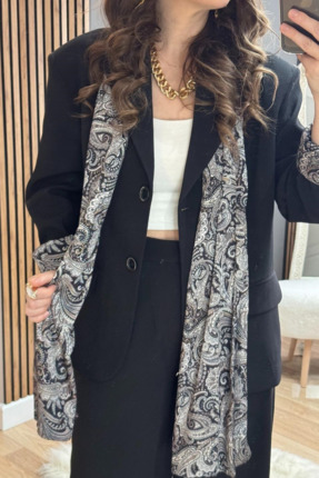 Saten Astarlı Fularlı Ceket Pantolon Takım Siyah Image 1