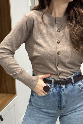 Düğmeli Premium Hırka Bej Image 2