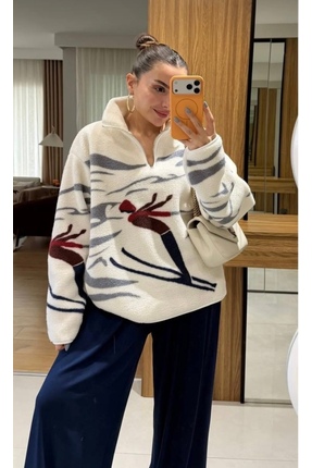 22365-Peluş desenli fermuarlı sweat Image 0