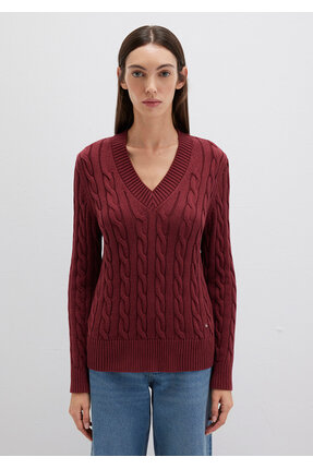 İpek Karışımlı V Yaka Bordo Kazak Slim Fit / Dar Kesim 1710720-85493 Image 3