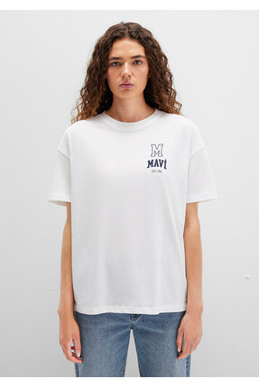 Logo Nakışlı Beyaz Tişört Loose Fit / Bol Rahat Kesim 1613467-70057 Image 4