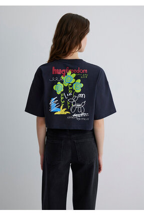 Sırt Baskılı Antrasit Tişört Crop / Kısa Kesim 1613101-70087 Image 3