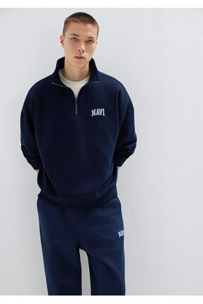 Logo Baskılı Yarı Fermuarlı Lacivert Sweatshirt 0S10208-70497 Image 1