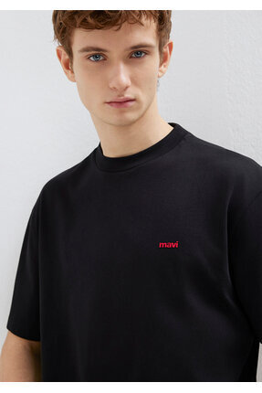 Logo Baskılı Siyah Basic Tişört Loose Fit / Bol Rahat Kesim 0612216-900 Image 1