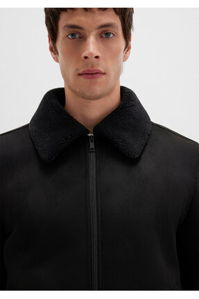 Suni Kürk Detaylı Siyah Suni Süet Ceket Regular Fit / Normal Kesim 0110450-900 Image 5