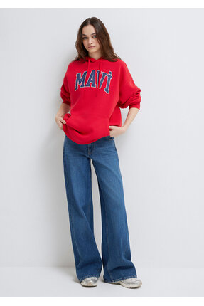 Logo Baskılı Kırmızı Kapüşonlu Sweatshirt Oversize/Geniş Kesim 1600361-82054 Image 1