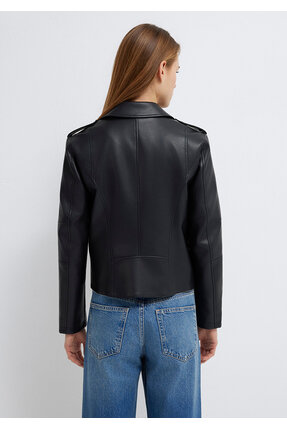 Biker Yaka Siya Suni Deri Ceket Slim Fit / Dar Kesim 1110221-900 Image 5