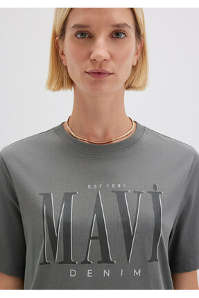 Logo Baskılı Gri Tişört Regular Fit / Normal Kesim 1611990-70122 Image 5