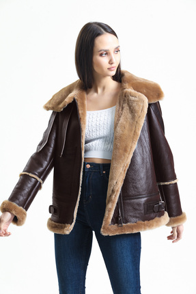 Kadın Kahverengi Vintage Deri Mont, Kahverengi Kürklü, Balıkçı Yaka, Oversize - 105222 Image 2