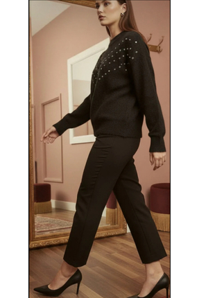 Siyah bisiklet yaka inci taş detaylı yumuşak dokulu kadın triko kazak Image 2