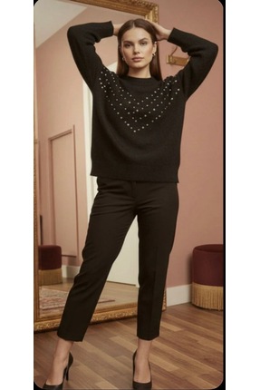 Siyah bisiklet yaka inci taş detaylı yumuşak dokulu kadın triko kazak Image 1
