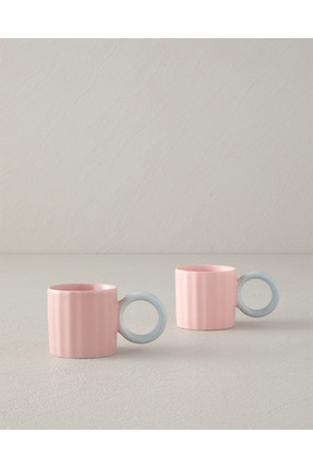 Angled New Bone China 2 Parça 2 Kişilik Kahve Fincan Takımı 90 ml Açık Pembe Image 0