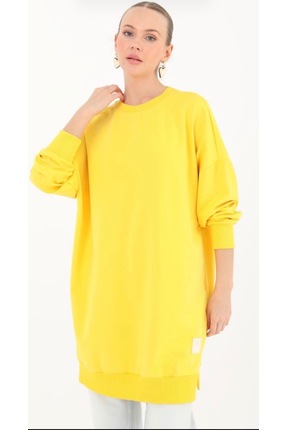 soul organik pamuk bisiklet yaka iki iplik sarı tunik Image 1