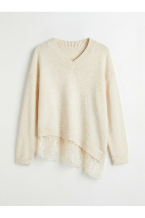 LCW Vision Ekru V Yaka Dantel Detaylı Kadın Triko Kazak Image 2