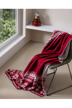 Caumel Jakarlı Pamuklu Tv Battaniye - Kırmızı/Beyaz Image 3