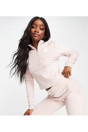 Air Velour Light Çeyrek Fermuarlı Kadife Kısa Kesimli Spor Sweatshirt Pembe Image 0