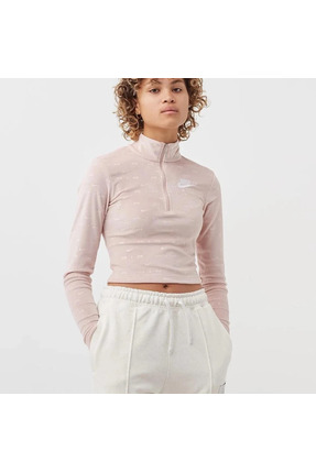 Air Velour Light Çeyrek Fermuarlı Kadife Kısa Kesimli Spor Sweatshirt Pembe Image 3