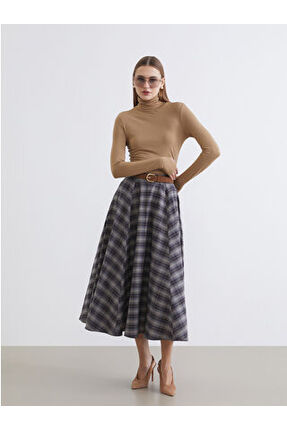 ARTI-STORE Pamuklu kumaştan üretilen kareli desenli kadın etek, yüksek bel ve kloş kes Image 3