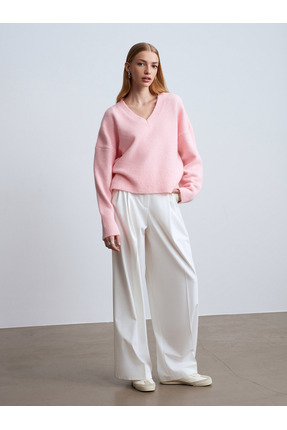 10645 V Yaka Yün Karışımlı Kazak-Pembe Image 3