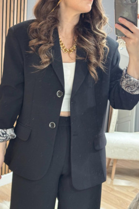 Saten Astarlı Fularlı Ceket Pantolon Takım Siyah Image 3