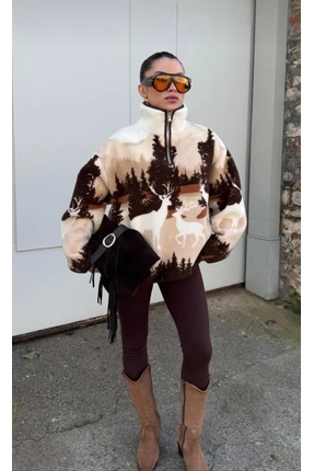 22365-Peluş desenli fermuarlı sweat Image 0