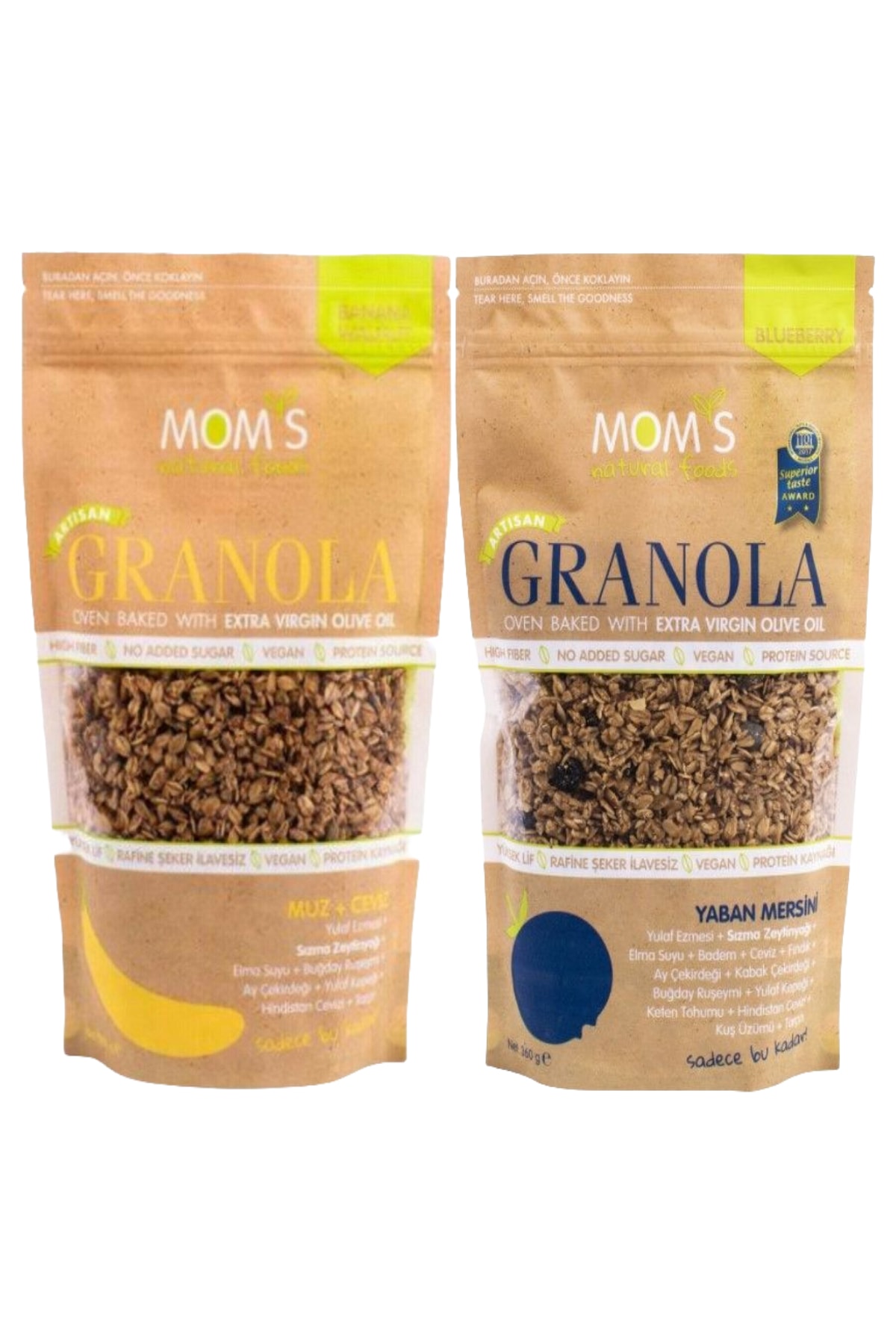 Mom's Natural Foods Granola 2'li - Yabanmersini 360 Gr - Muz Ceviz 360 Gr
