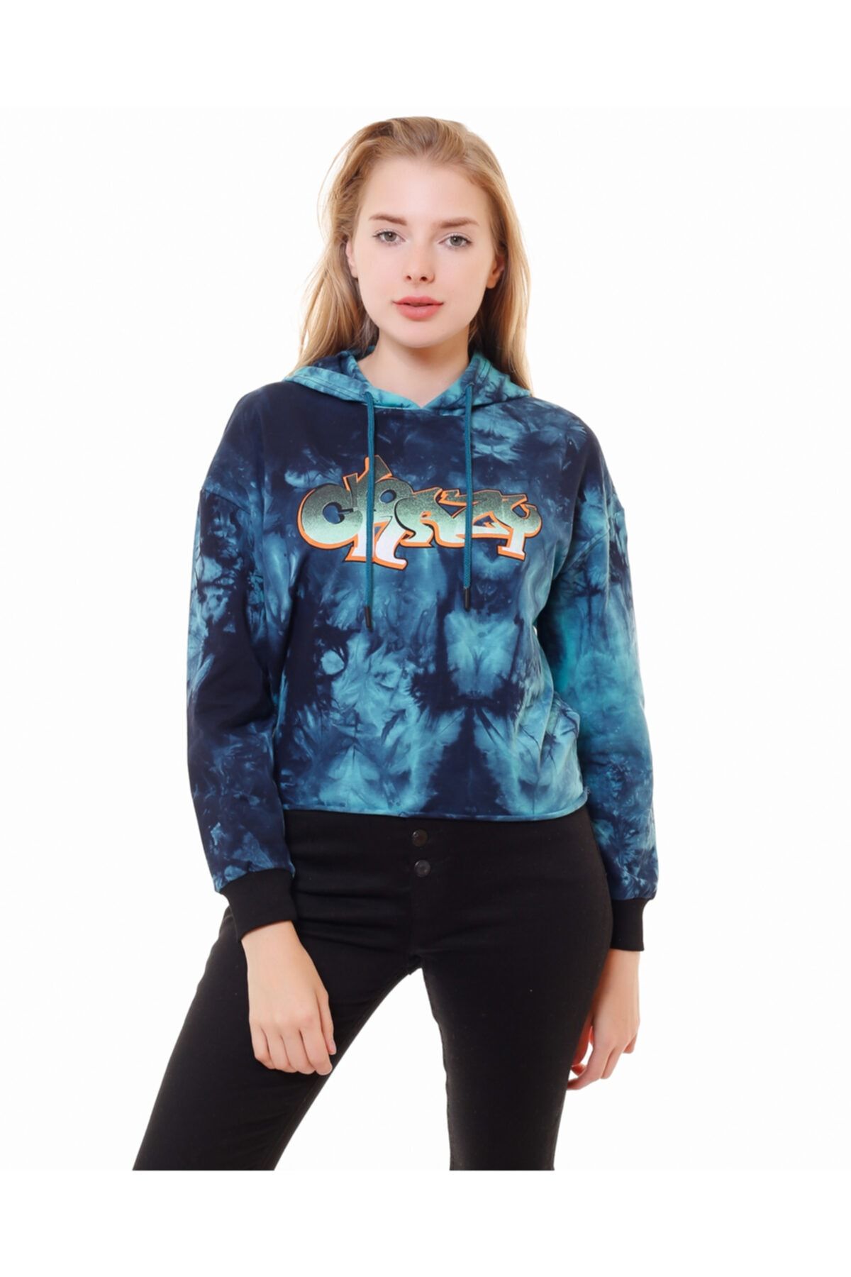 Masorte Crazy Baskılı Batik Desenli Kapüşonlu Lacivert Sweatshirt
