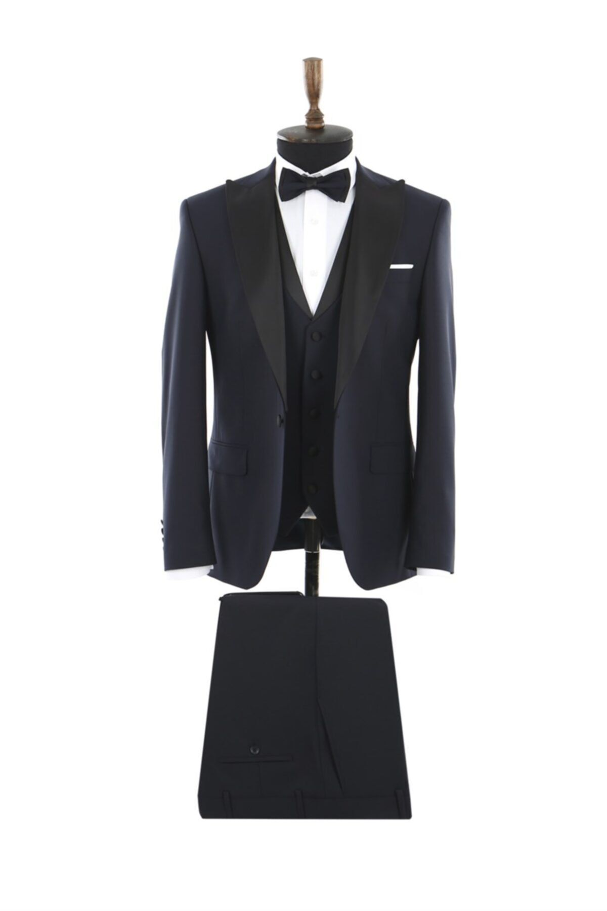 Jakamen Slim Fit Çıkma Sivri Yaka Yelekli Erkek Lacivert Damatlık