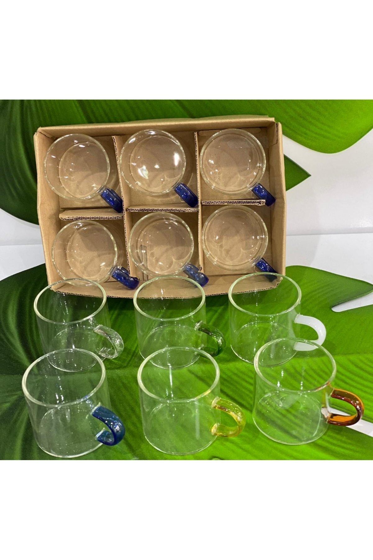 HibanaHome 6 Li Cam Renkli Sap Kahve Fincan Ve Çay Fincani(100ml)- Beyaz Kulp