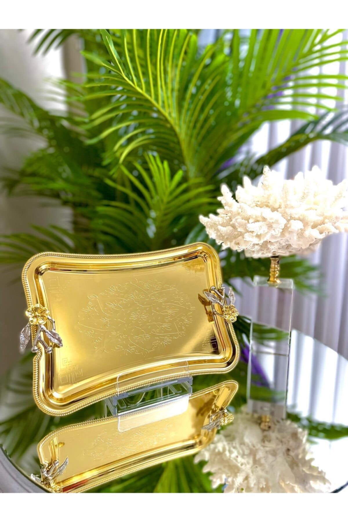 Glamour Home Beyt Life 2500ja Japon Gülü Metal Sunumluk Kahve Söz Tepsisi Gold