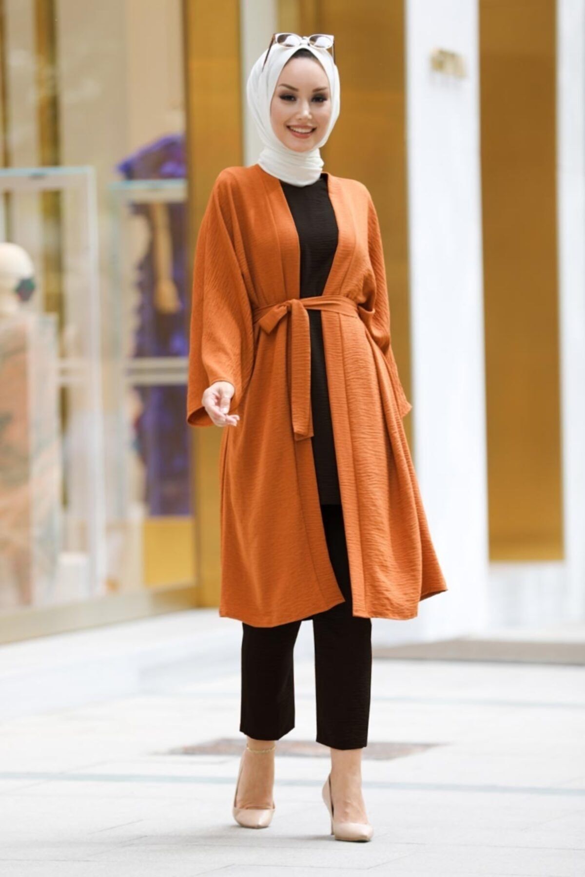 Neva Style - Kuşaklı Taba Tesettür Kimono 40930tb