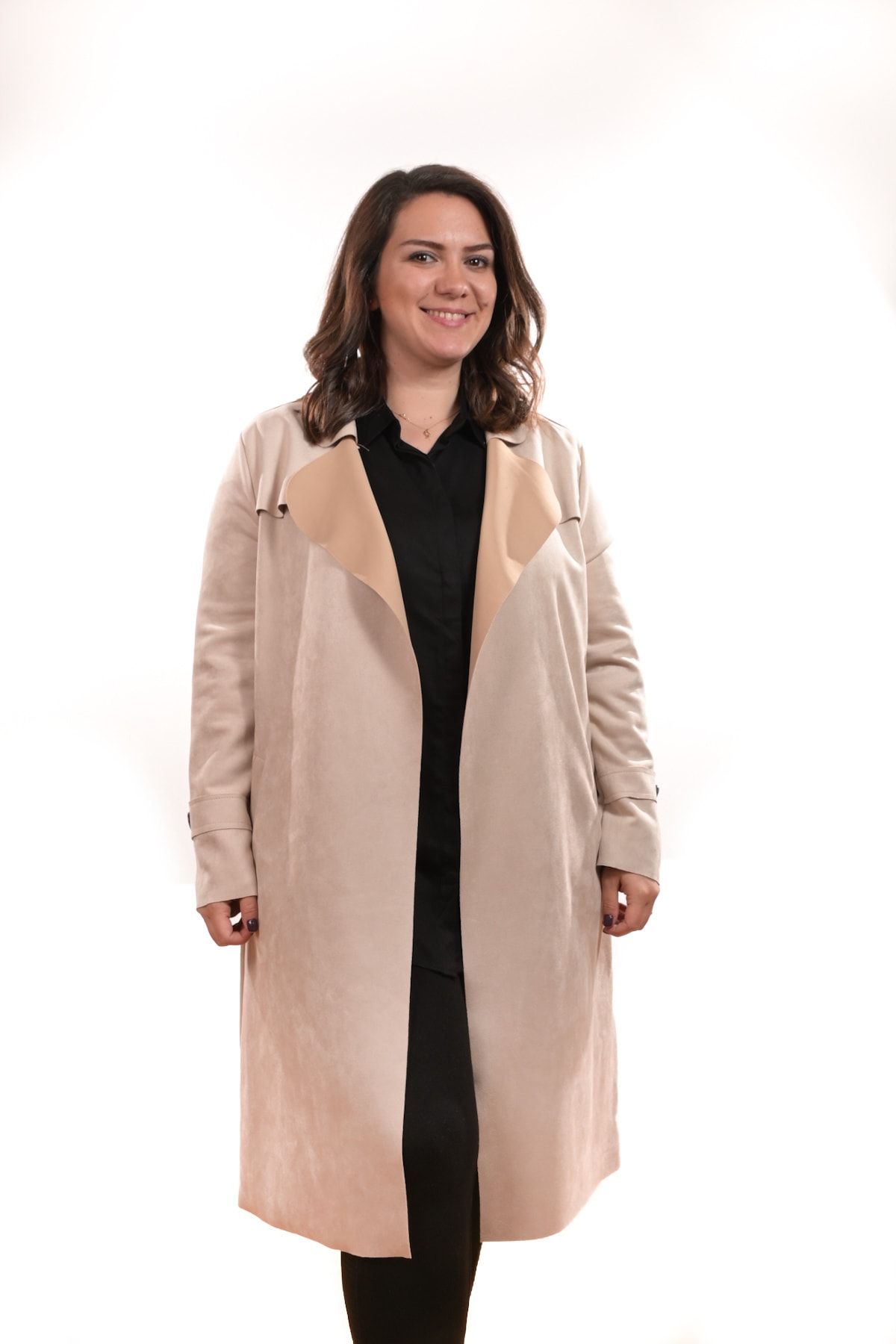 ışıltı fashion Taş Renkli Beli Kuşaklı Süet Büyük Beden Kadın Trenckot