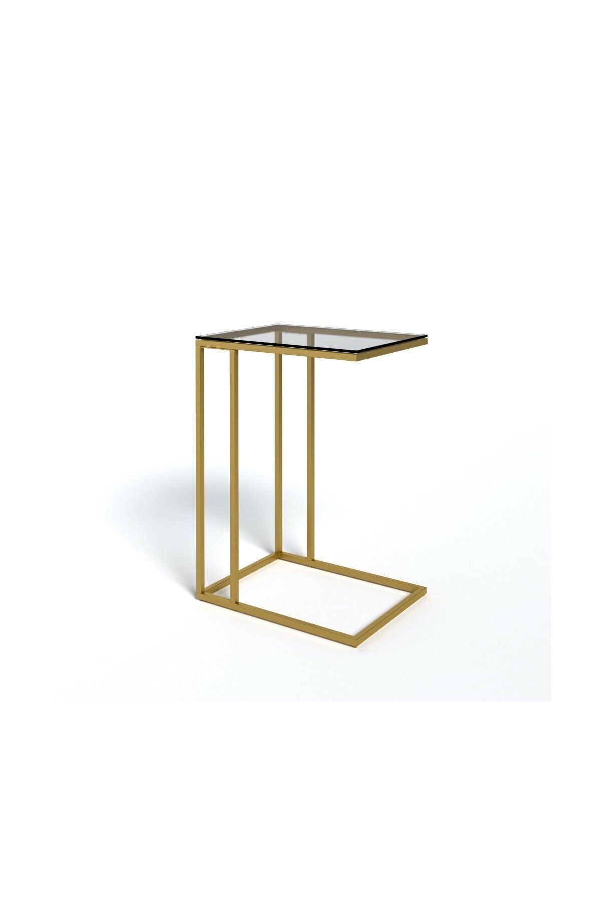 AGA KONSEPT Çok Amaçlı Metal Füme Temper Camlı C Sehpa Gold