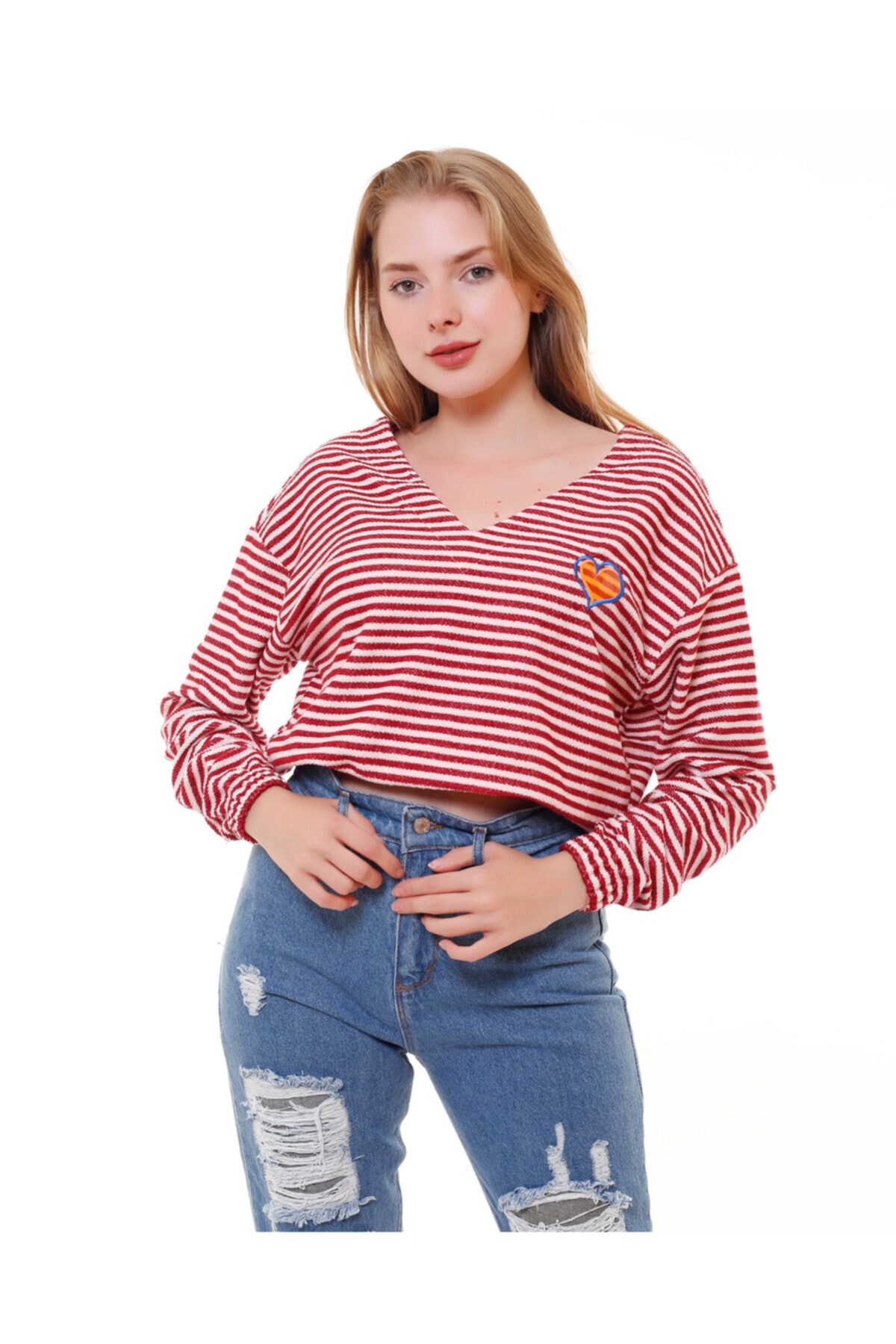 Masorte Kalp Detaylı Beli Lastikli Triko Kırmızı Sweat