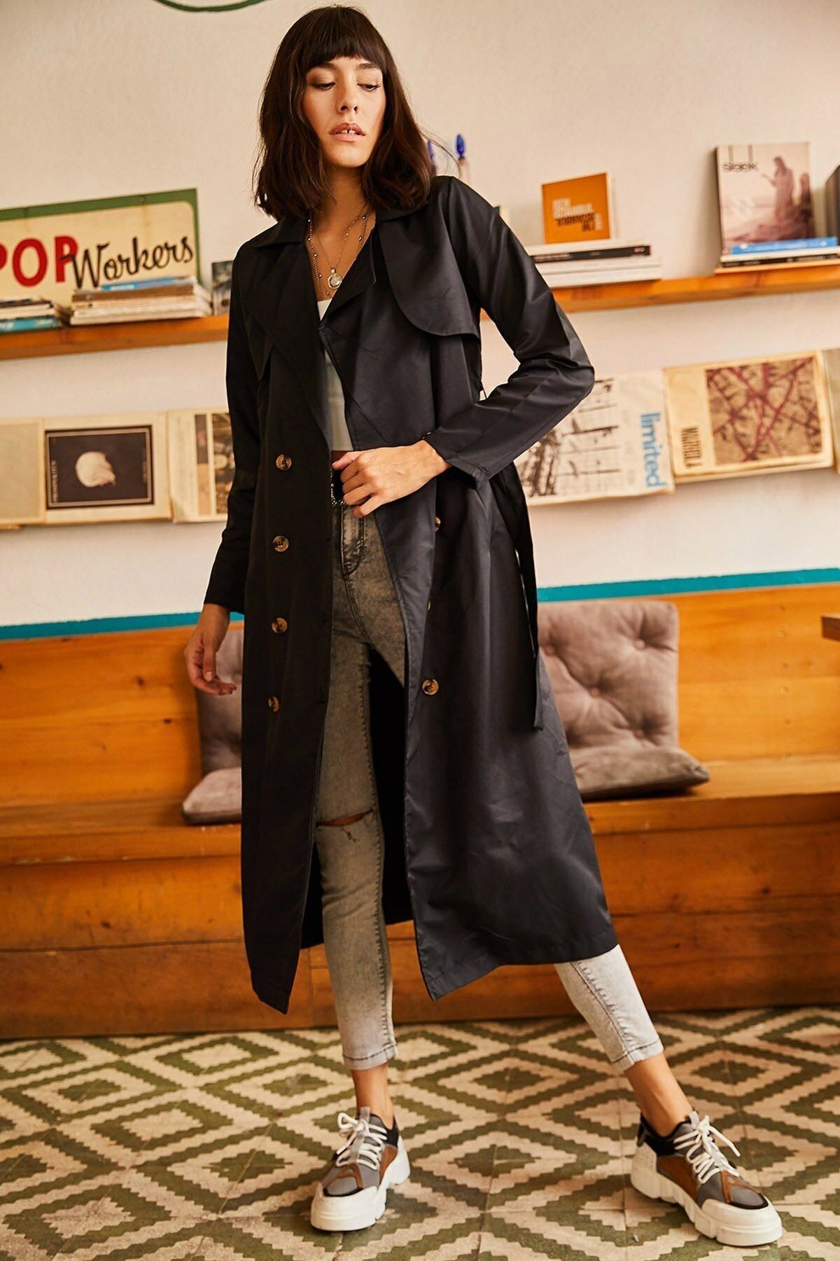 MODA GÜLAY Çift Düğme Beli Kemerli Uzun Trençkot