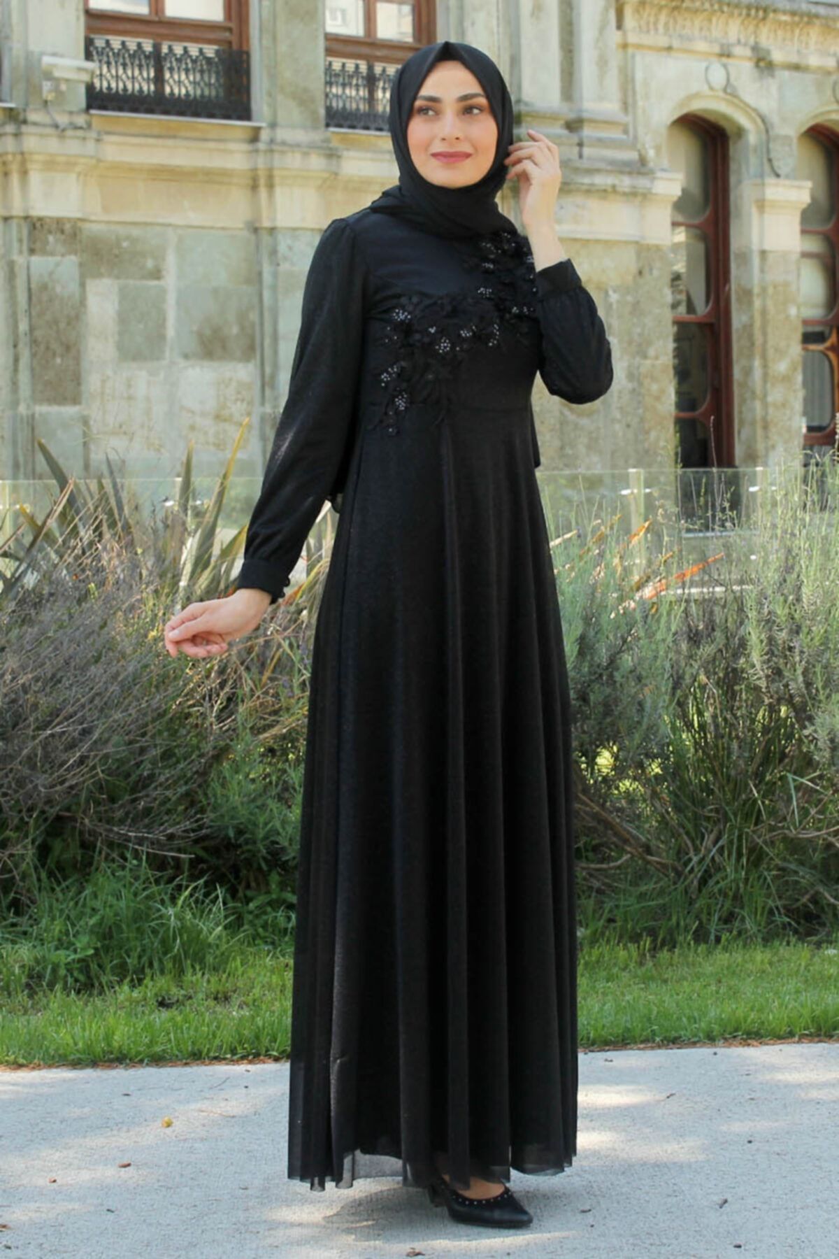 Feiza Collection Üç Boyut Çiçekli Tesettür Abiye Elbise - Siyah