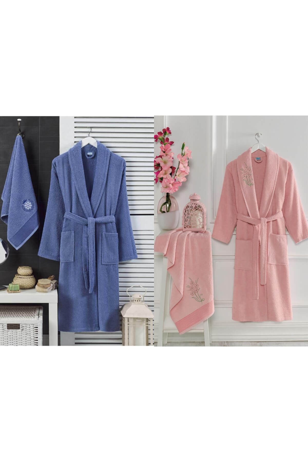 Elmira Textile 4 Parça Aile Bornoz Seti Kadın Erkek Havlulu Bornoz Takımı Pembe