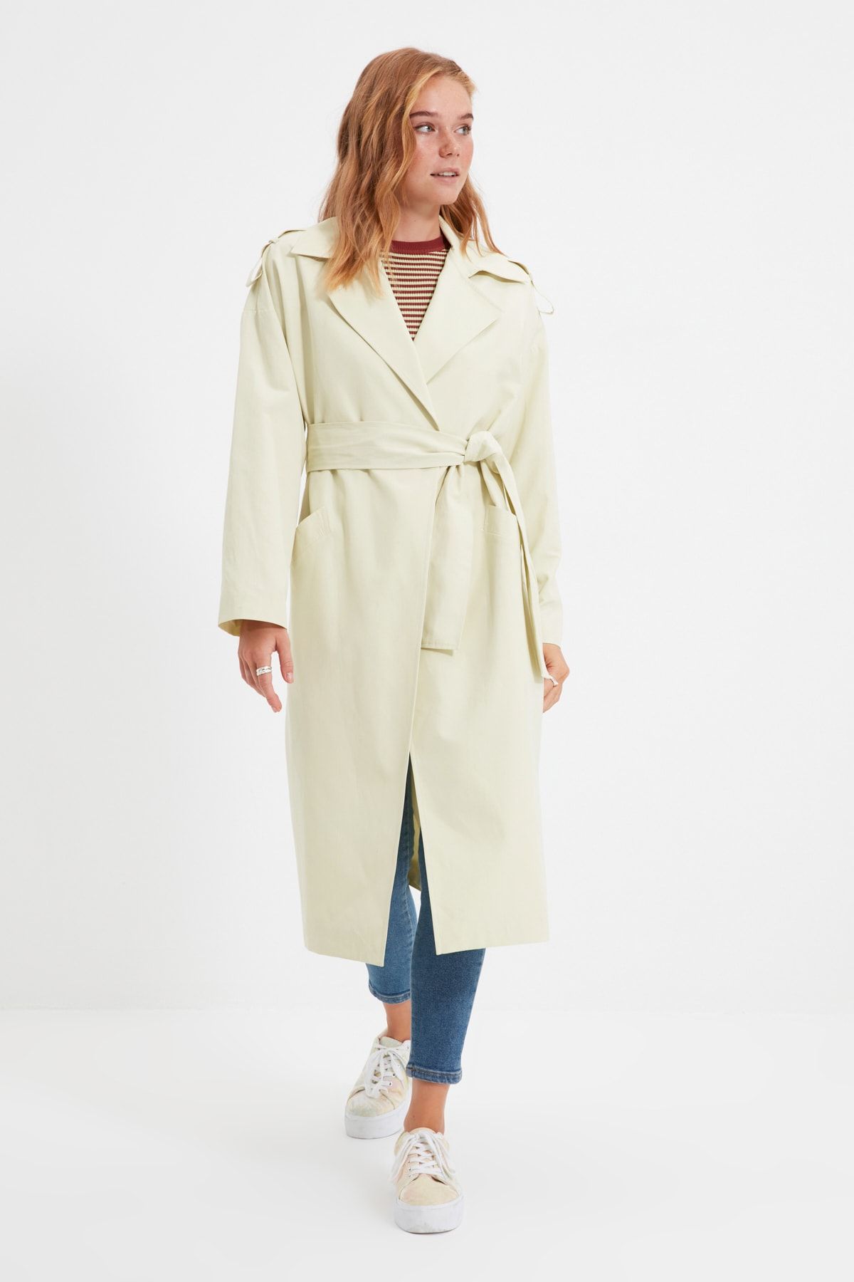 TRENDYOLMİLLA Mint Kuşaklı Apolet Detaylı Oversize Uzun Trençkot TWOSS20TR0007