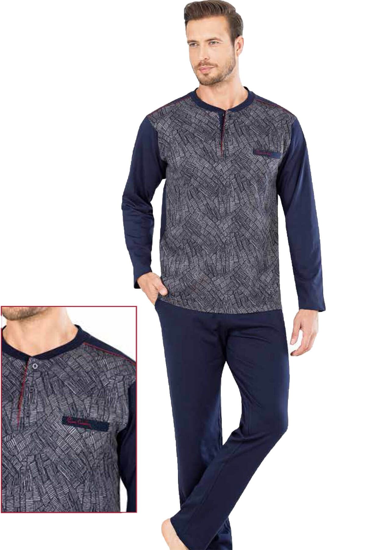 Pierre Cardin Göğüs Cepli Jakarlı Rahat Kalıp Lacivert Uzun Kol Erkek Pijama Takım