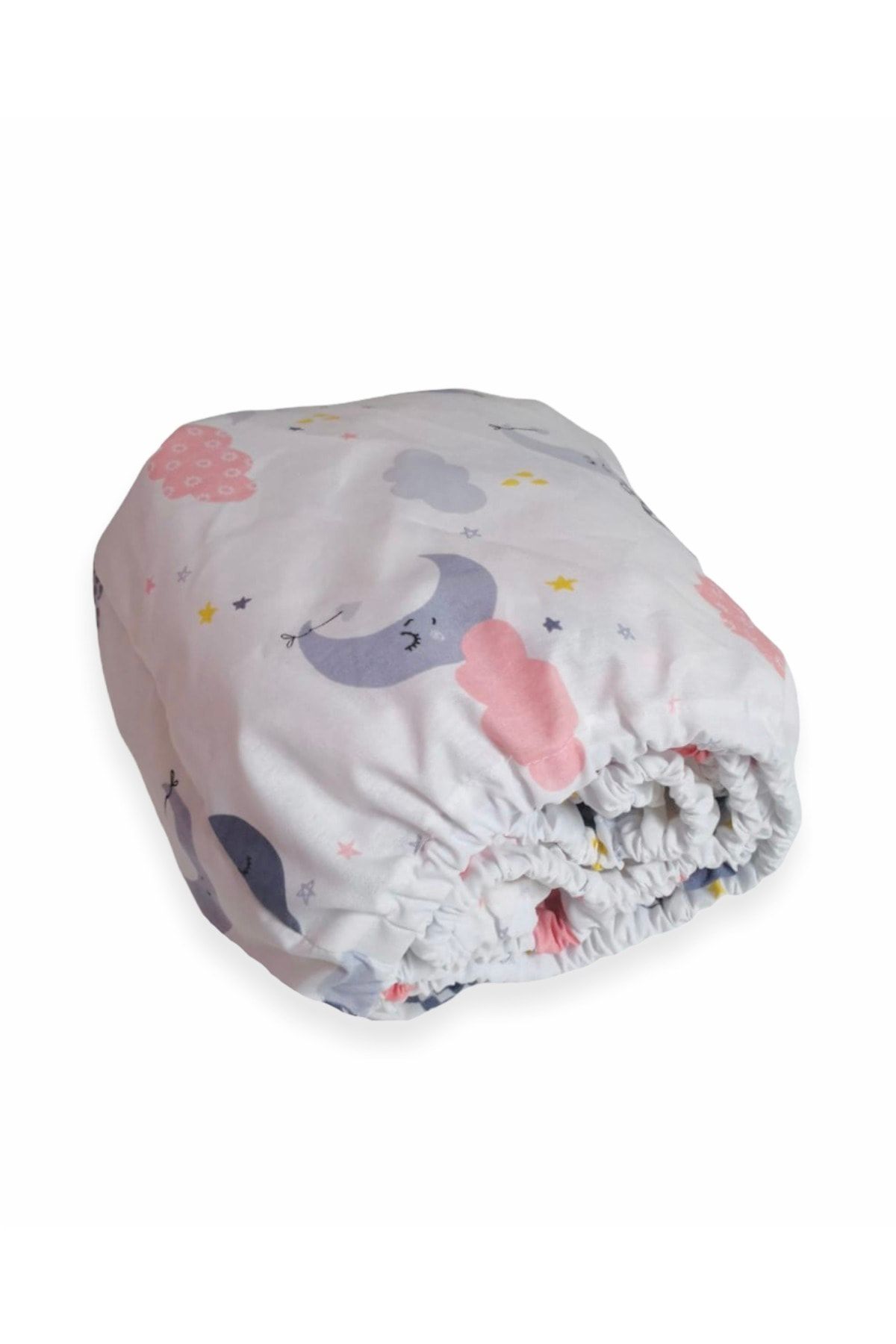 Bebek Özel Pamuklu Bebek Çocuk Lastikli Çarşaf 65x95 Gri Pembe Ay Bulut