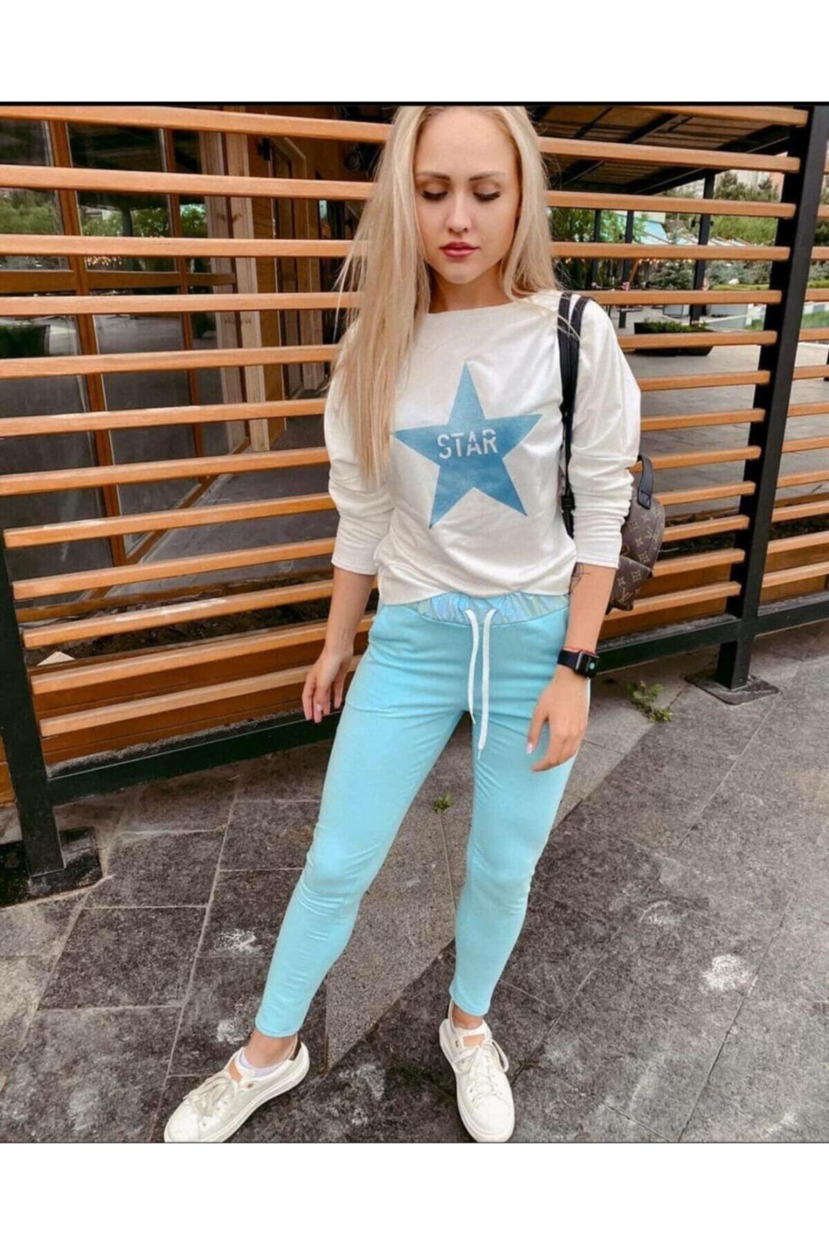 Arya Moda Üst Uzun Kollu Varak Star Baskılı Iki Iplik Kumaş Takım Üst 65 Alt 95 cm
