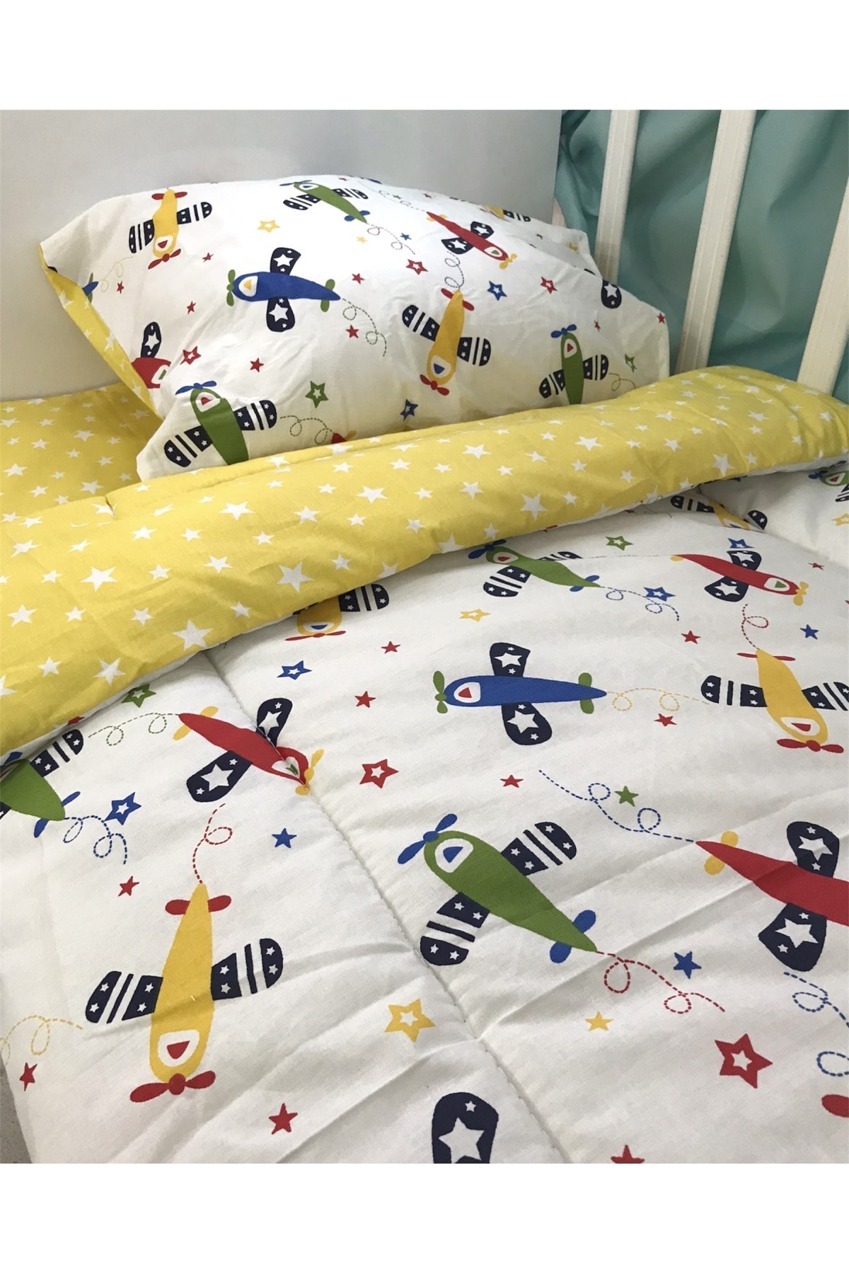 Bebek Özel %100 Pamuk Bebek/çocuk 80x130 Yastık Çarşaf Yorgan Uçaklı Sarı Yıldızlı