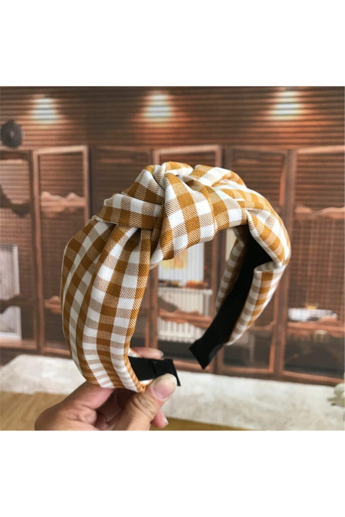 So Much Accesories Kadın Kumaş Düğümlü Taç Saç Bandı Ekose Kahve Beyaz