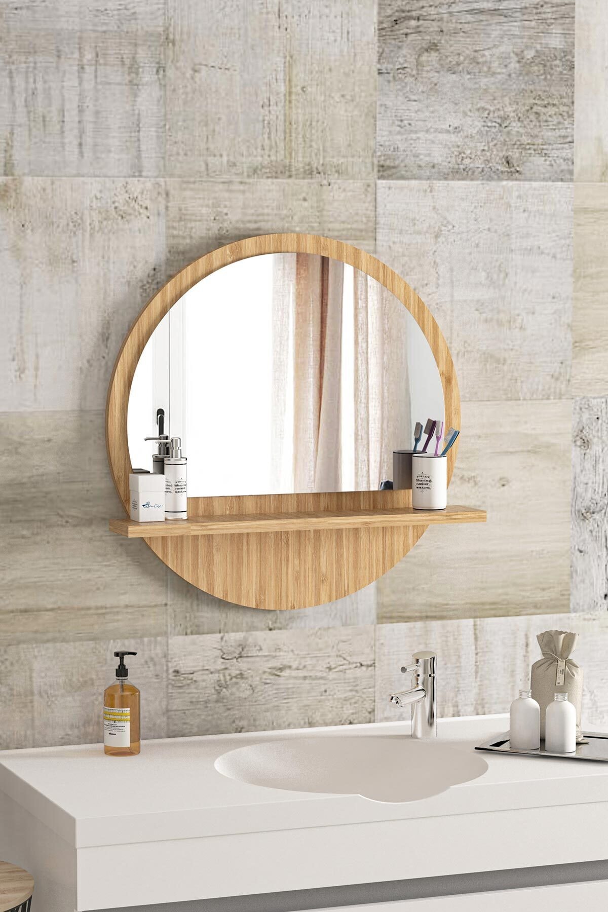 bluecape Yuvarlak Raflı Ayna 45 cm Bambu Dresuar Hol Koridor Duvar Salon Banyo Wc Ofis Çocuk Yatak Odası